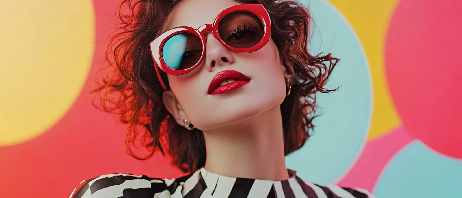 Fashionable Woman Wearing Red Sunglasses Against Colorful Backgr