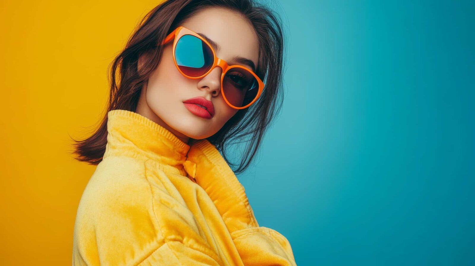A fashionable young woman with dark hair, wearing a bright yellow jacket, poses against a backdrop of vibrant yellow and blue colors. She confidently rocks colorful oversized sunglasses, showcasing a trendy and playful style. Her expression exudes confidence and individuality